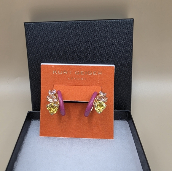 Kurt Geiger Jewelry - Kurt Geiger Purple Hoop Earrings with Yellow and Pale Pink Crystal Drops